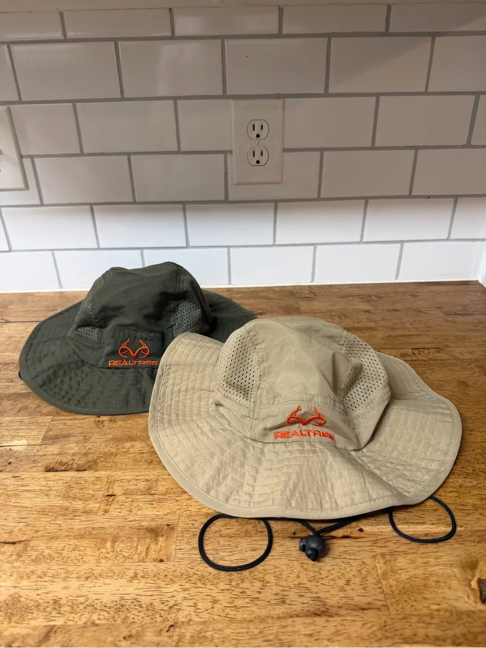 Realtree Ventilated Bucket Hats - Olive Green & Tan with Orange Logo